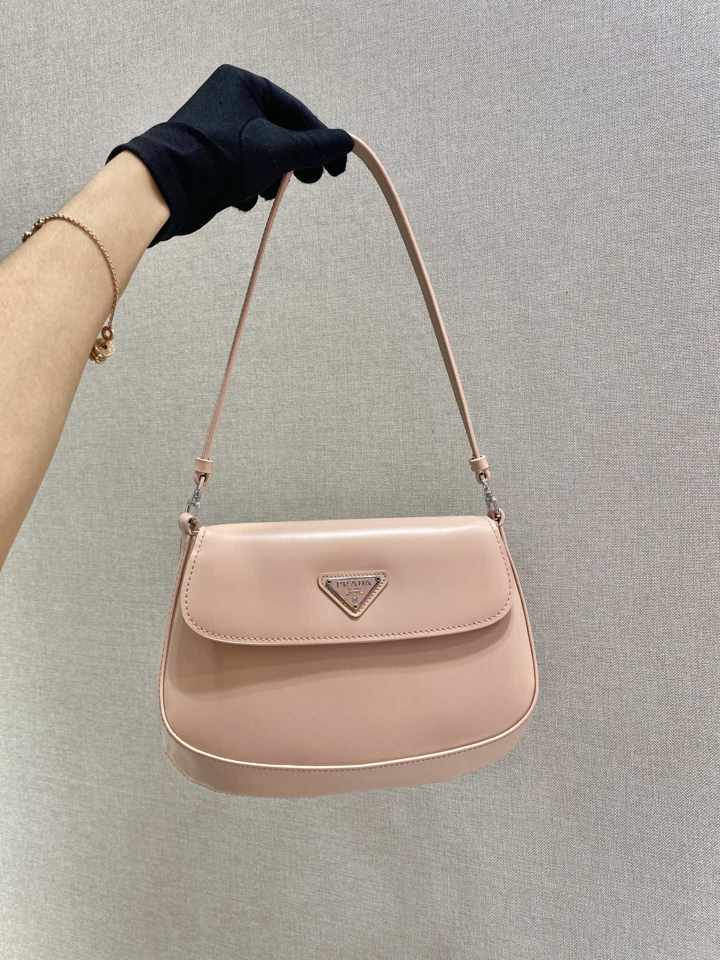 Prada Cleo Brushed Leather Shoulder Bag With Flap Nude Pink 1BD311